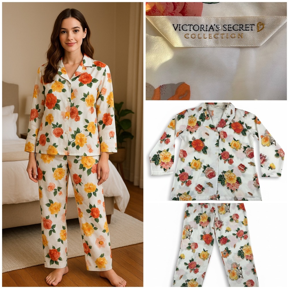 Vintage Victoria's Secret Collection Floral Pajama Set L 1995 Button Top Pants